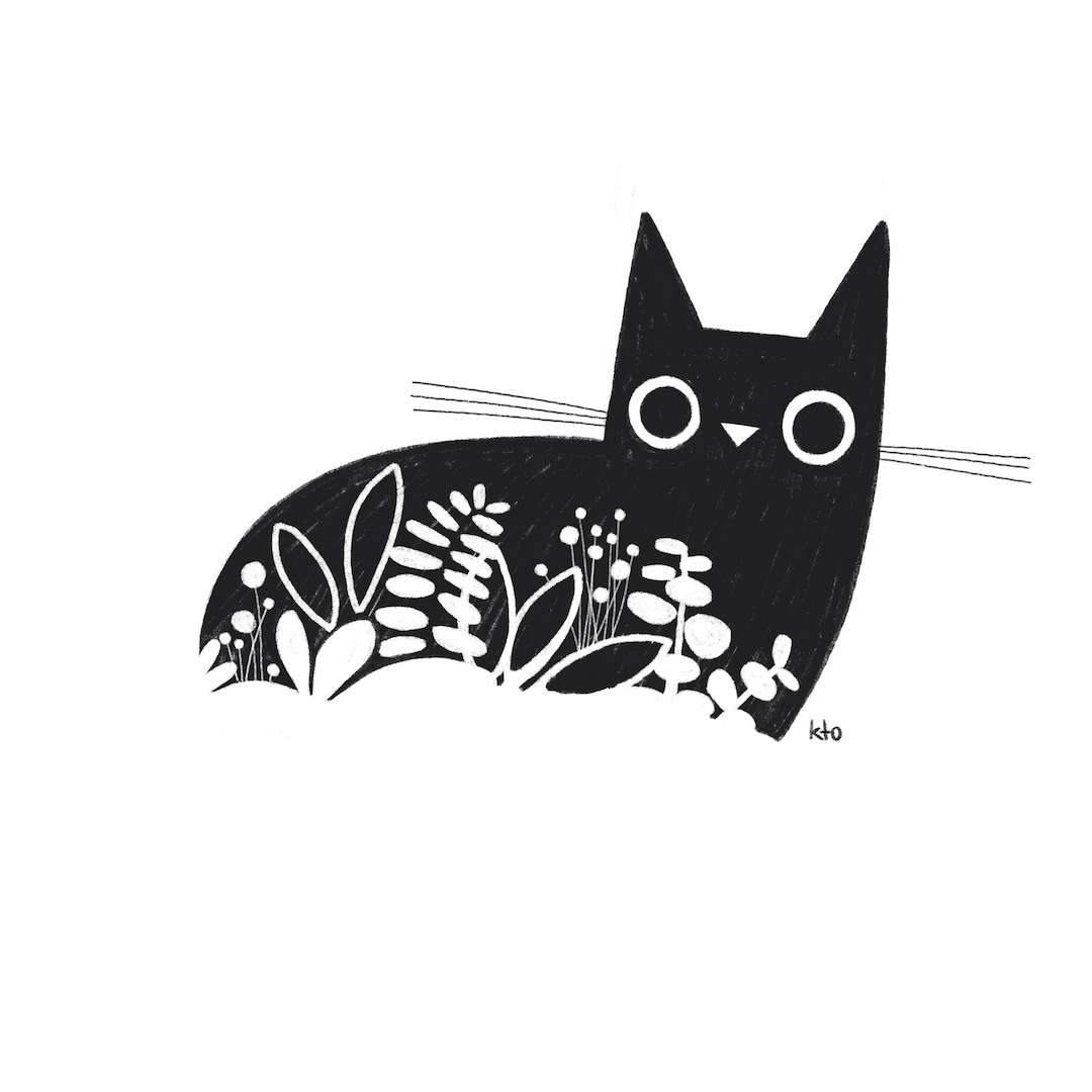 黒猫の植物鉛筆画プリント - 白黒 - 猫好きへのギフト - Etsy 日本