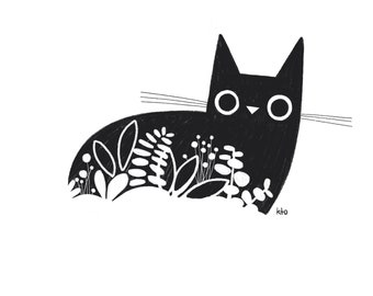 Black Cat Plant Pencil Illustration Print - Black And White - Cat Lover Gift