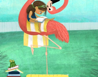 Flamingo Girl Summer Reading Chair Art Print - Flamingo Illustration