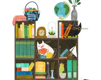 8x10 Two Cats In A Bookshelf Art Print - Cat Illustration - Cat Lover Gift