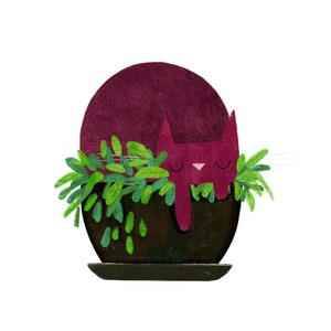Cat Potted Plant Art Print - Pomegranate Kelly Green - Cute Cat Illustration