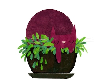 Cat Potted Plant Art Print - Pomegranate Kelly Green - Cute Cat Illustration
