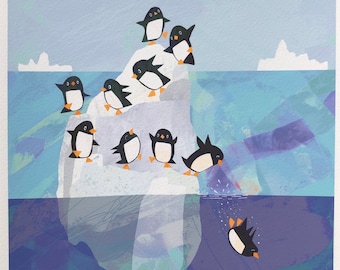 Penguin Art - Cute Art Print - Penguin Print - Winter Art - Cute Penguins - Penguins Descending - Nursery Print - Kid Room Art