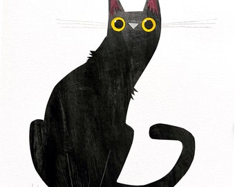 Black Cat 07 CURIOUS Collage Print - Black Cat October Cat Illustration - Cute Art - Cat Lover