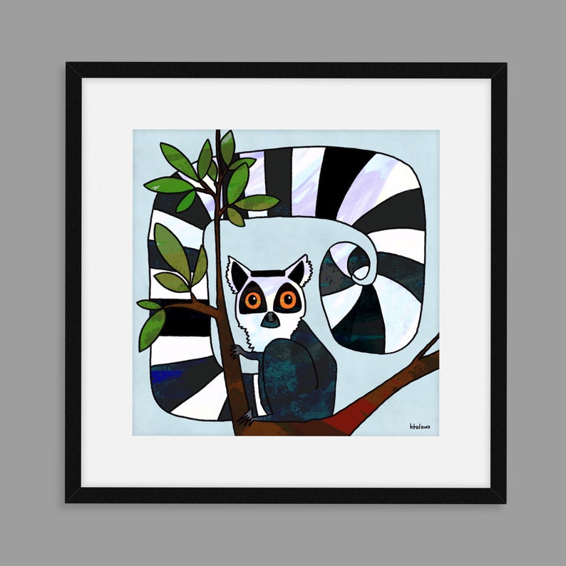 May include: A black and white ring-tailed lemur with orange eyes sits on a branch with green leaves. The lemur's tail is curled behind it and has black and white stripes. The background is light blue.