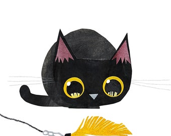 Black Cat 23 LURE Collage Print - Black Cat October Cat Illustration - Cute Art - Cat Lover