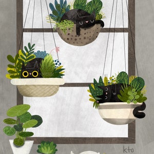 Three Cats Hanging Plants Print - 3 Cat Illustration - Cat Lover Gift