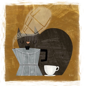 Coffee Cat Cute Art Print - Cat Lovers - Coffee Lovers - Perk Cat Illustration - Coffee Art - Cat Art- Kitchen Print