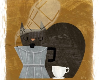 Coffee Cat Cute Art Print - Cat Lovers - Coffee Lovers - Perk Cat Illustration - Coffee Art - Cat Art- Kitchen Print