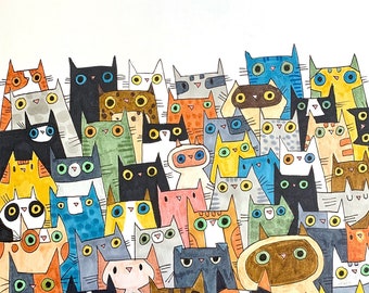 50 Cats Print - Pen Ink Cat Art Illustration - Cat Drawing - Cat Lover