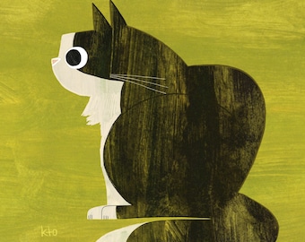 Cat Art Print - Black Cat Tuxedo Cat - Cat Illustration - Cute Cat Art - Happy Cat Art
