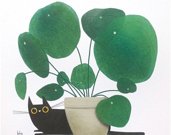 Money Plant Cat Print - Illustration - Cute Cat Art