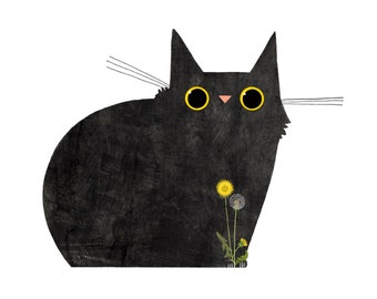 12x12 Dandelion Cat Art Print - Illustration - Cat Lover Gift