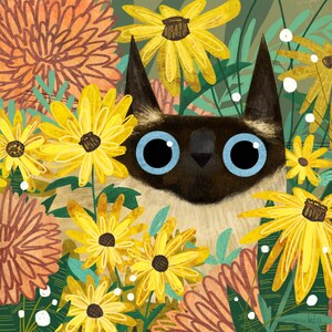 Wildflower Cat Art Print black eyed susans Illustration Cat Lover Gift Siamese