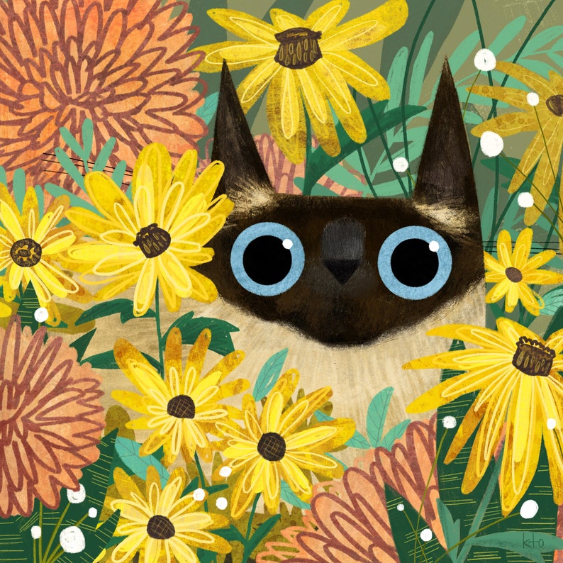 Wildflower Cat Art Print black eyed susans Illustration Cat Lover Gift Siamese