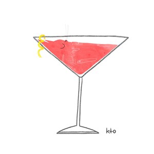Puede incluir: Un cóctel rojo en una copa de martini con una guarnición de cáscara de limón. El cóctel tiene una cara de dibujos animados con una sonrisa.