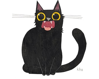 Black Cat 16 DEBATE Collage Print - Black Cat October Cat Illustration - Cute Art - Cat Lover
