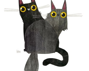 Black Cat 13 DOUBLE Collage Print - Black Cat October Cat Illustration - Cute Art - Cat Lover