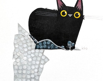 Black Cat 08 POP Collage Print - Black Cat October Cat Illustration - Cute Art - Cat Lover