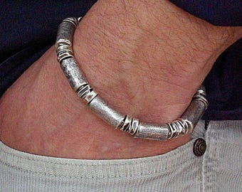 Men's oxidized sterling silver tube bead bracelet – matte brushed silver