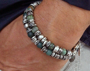 Mexico Sterling Silver .925 13.9mm Circle Turquoise Link Bracelet