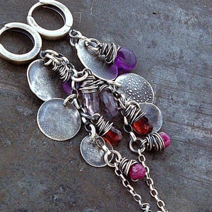 Granaat amethist robijn geoxideerde zilveren cluster oorbellen met lange ketting