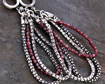 Garnet drop oxidized sterling silver earrings – long cascading chains