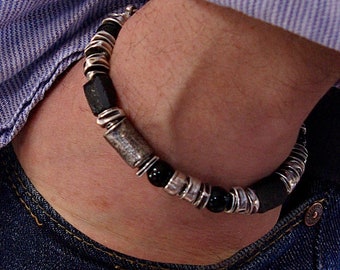 Black tourmaline onyx men’s bracelet – oxidized sterling silver with raw textured accents