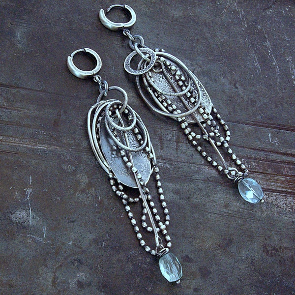 Aquamarine multi circles earrings handmade with oxidized sterling silver •  Long chain statement earrings