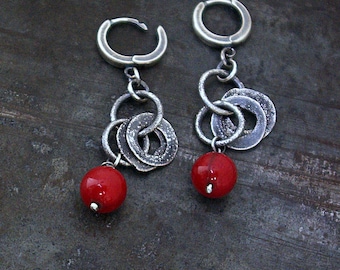 Handmade Coral earrings with oxidized sterling silver • raw silver jewelry  October birthstone