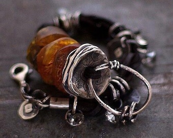 Raw Baltic amber charm bracelet – oxidized sterling silver and leather