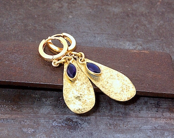 Elegant Teardrop earrings with faceted blue Sapphire  • Brass tear drop and sterling silver gold plated  hoops