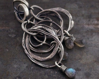 Labradorite and raw silver circles earrings handmade of 925 silver,  dangle drop boho earrings, unique gift for her