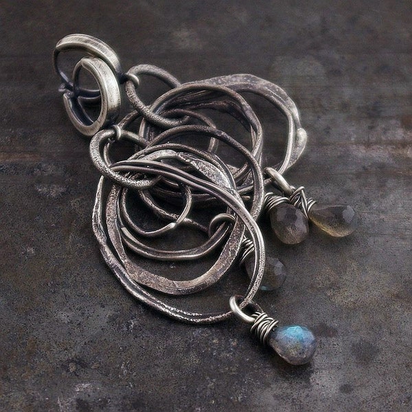 Labradorite and raw silver circles earrings handmade of 925 silver,  dangle drop boho earrings, unique gift for her