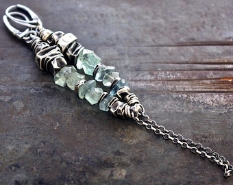 Blue aquamarine earrings – long oxidized sterling silver