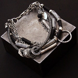 Black Onyx bracelet with sterling silver • handmade raw silver bracelet • unique gift for women • multi strand bracelet