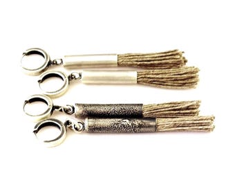 Beige linen tassel earrings with oxidized silver – lightweight drop earrings