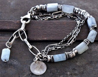 Light blue aquamarine oxidized sterling silver multi-chain bracelet