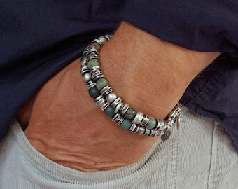 Oxidized Sterling Silver Men&#39;s Bracelet Moss Agate or African Turquoise