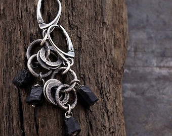 Raw Black Tourmaline Multi-circles Earrings Handmade in raw sterling silver