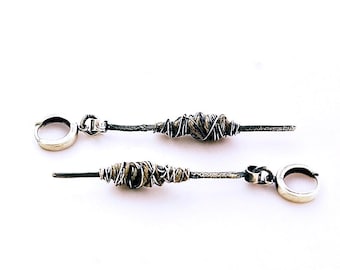 Spindle linen oxidized silver bar earrings – long dangle