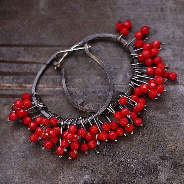 large hoop earrings sterling silver • red coral earrings • hammered silver hoops • unique gift for women