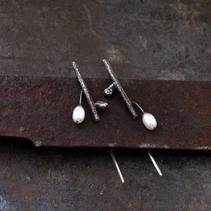 Delicate twig earrings with white freshwater pearl in oxidized sterling silver