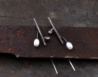 raw silver white freshwater pearl earrings • 925 sterling silver  stud earrings • unique gift for her