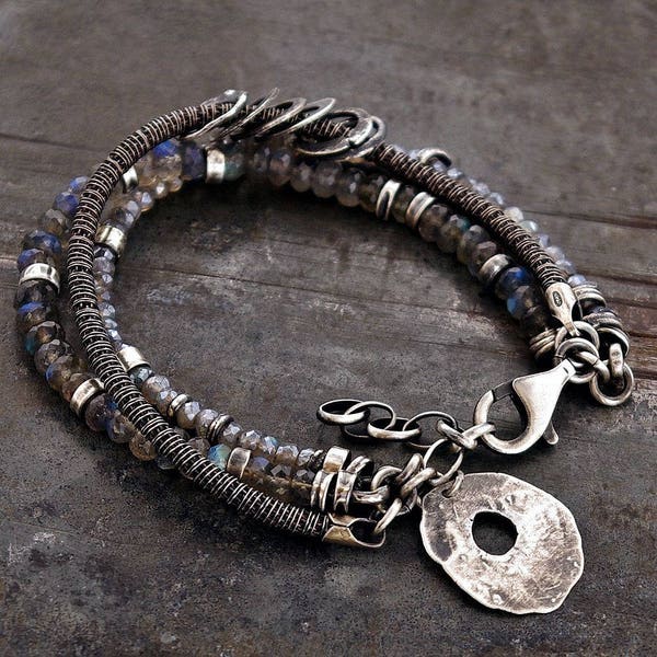 unique labradorite bracelet with sterling silver • oxidized silver snake bracelet • big charms bracelet • labradorite beaded bracelet •