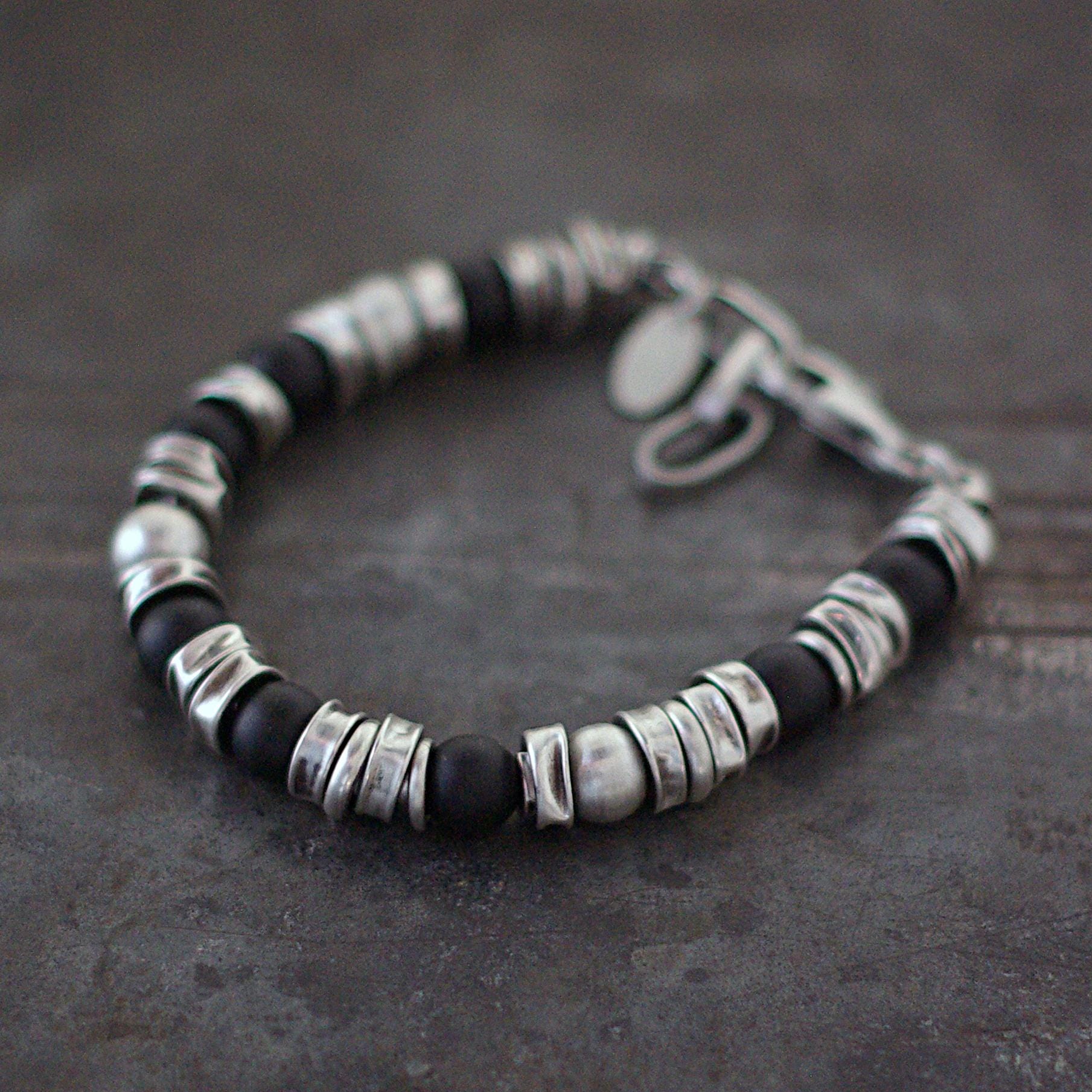 ブラックオニキスシルバー ブレスレット ブラックオニキスヘイシブレスレット - 酸化スターリングシルバー