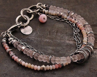 oxidised silver pastel pink opal & rose quartz bracelet • 925 sterling silver • chain multi-link bracelet • birthday gift for women