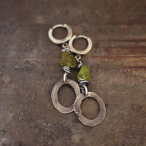 raw earrings  olive earrings • oxidized  sterling silver • rough green garnet • dangle earrings