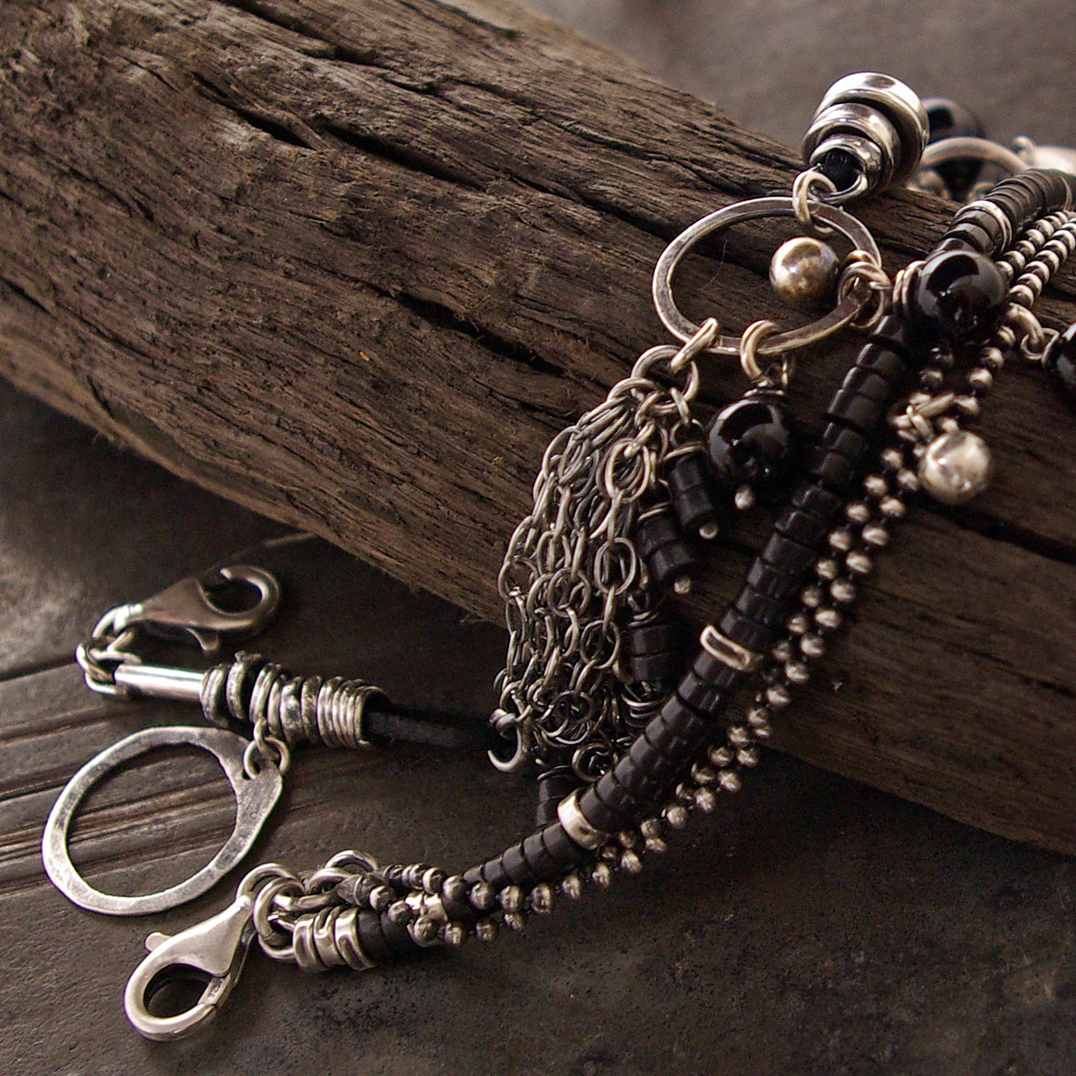 Black Onyx Sterling Silver Bracelet Set Handmade Multi Chain Jewelry
