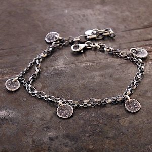 sterling silver charms bracelet • double layer bracelet and raw silver disc  • handmade gift for her